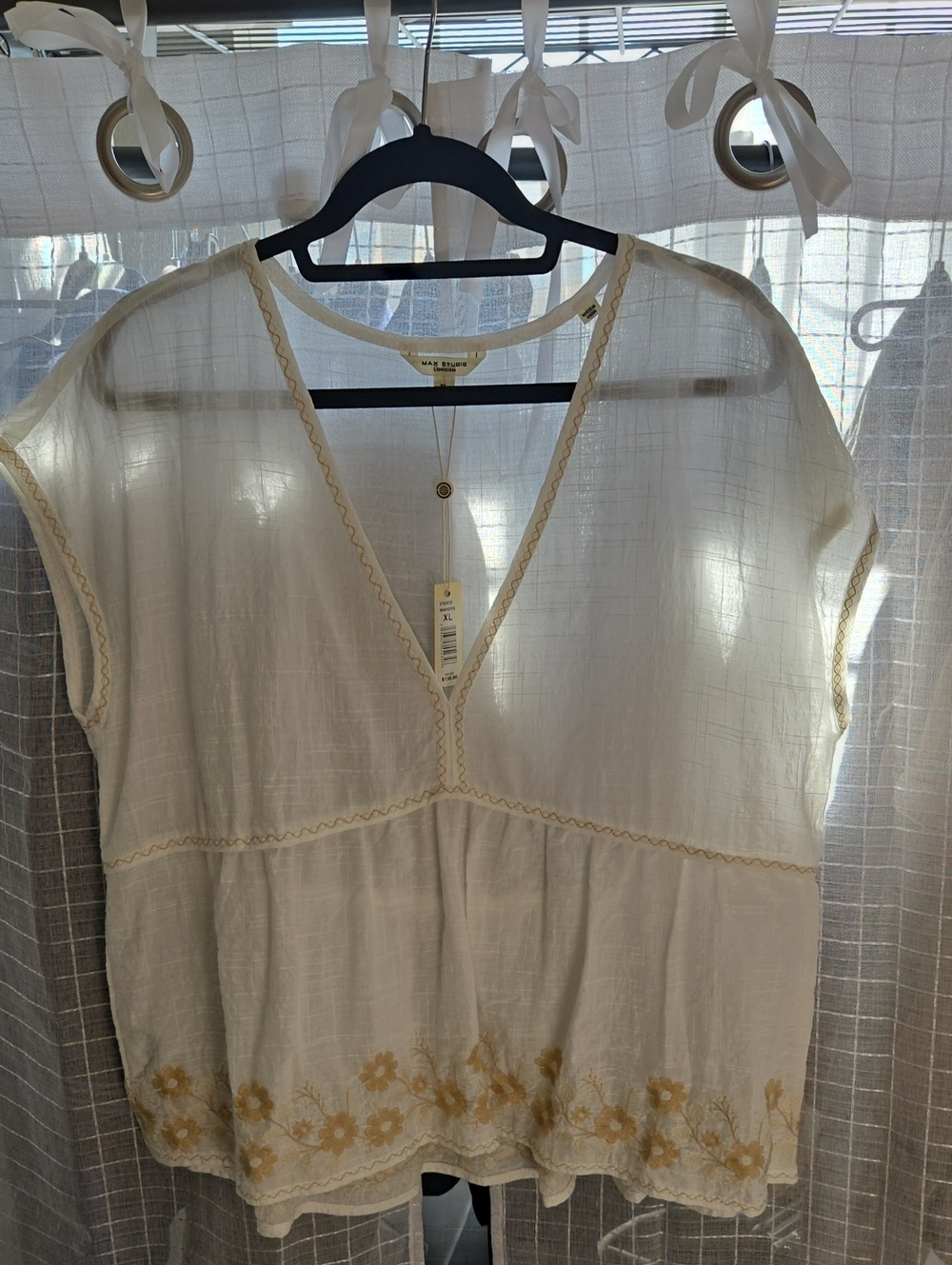 Max Studio Cream V-Neck Tunic with Yellow Floral Embroidery